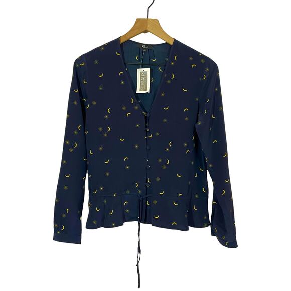 NWT Rails Beaux Ruffle Waist Navy Crescent Moon Silk Blouse -XS - Picture 2 of 13